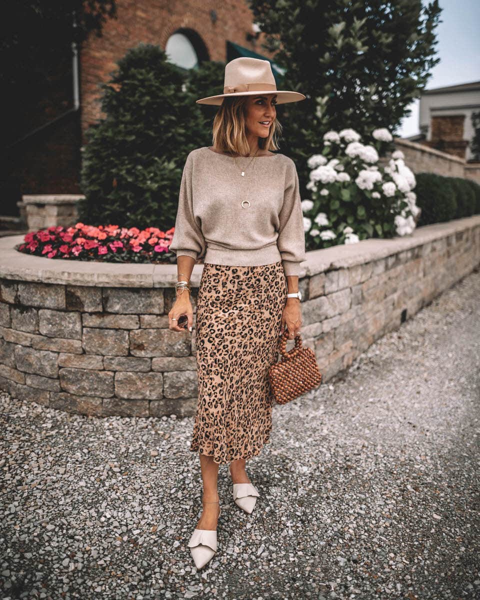 Karina Style Diaries | leopard print midi skirt | boat neck sweater | racncher ivory felt hat | pointy mules 