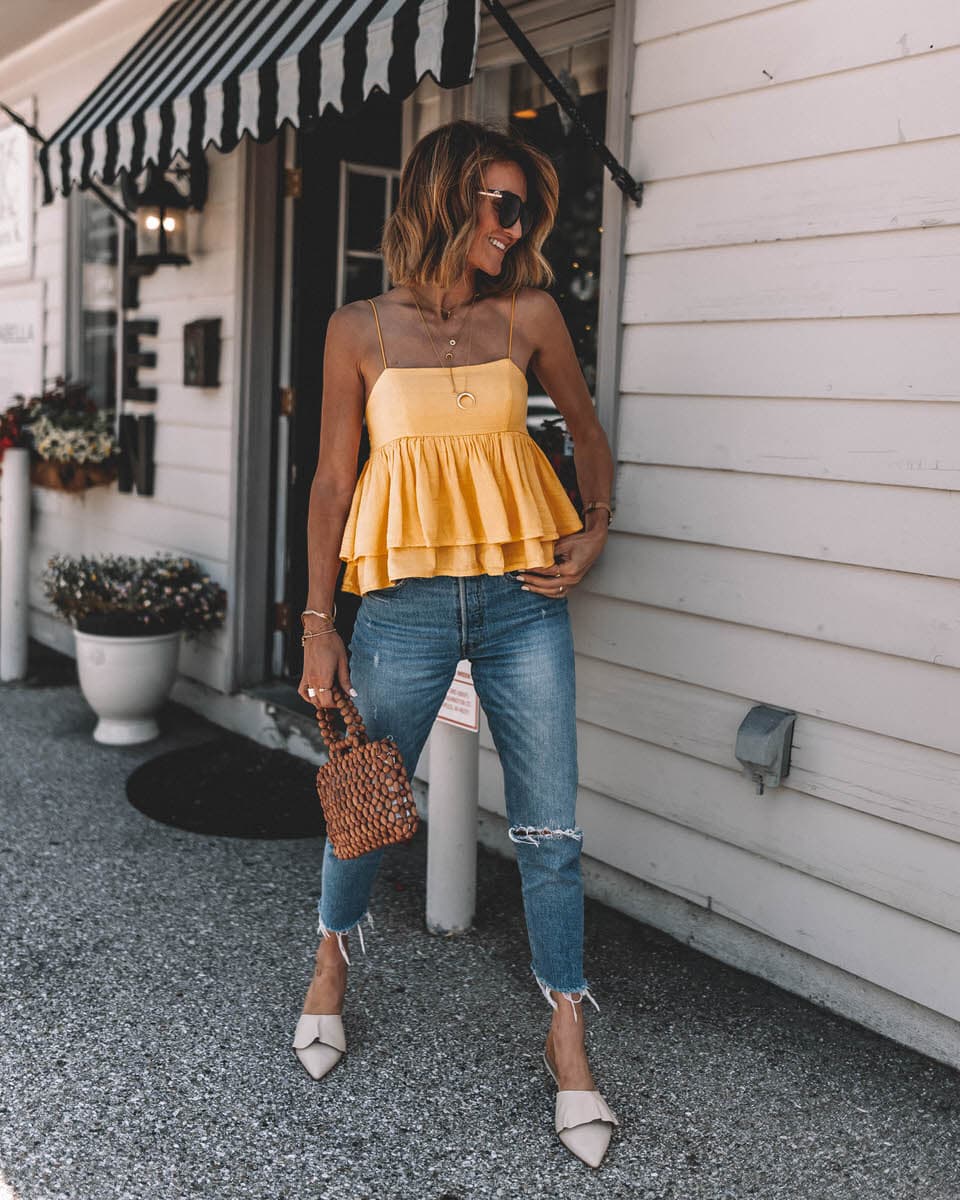 Karina Style Diaries | yellow ruffle top | urban outfitters | levis wedgie | able ruffle pointy mules | wooden beaded bag