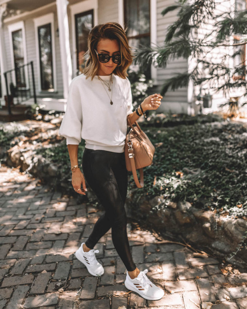 Karina Style Diaries wears spanx faux leather leggings white