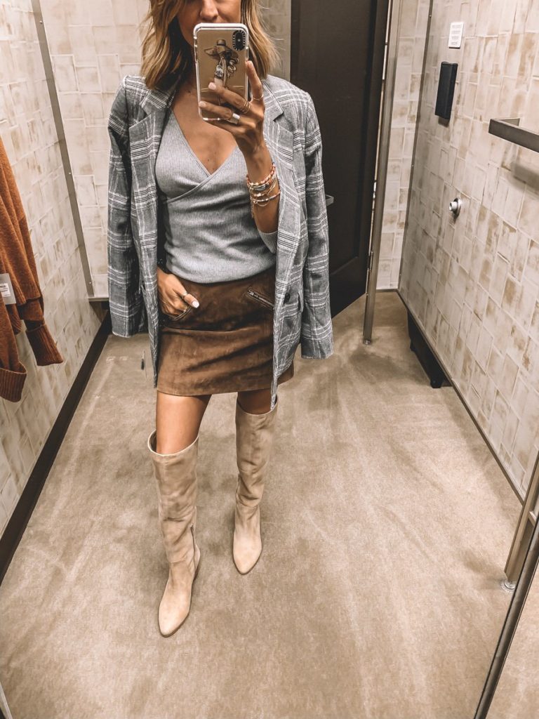 Karina Style Diaries | Nordstrom Anniversary Sale 2019 | suede mini skirt | tall suede boots | plaid boyfriend blazer
