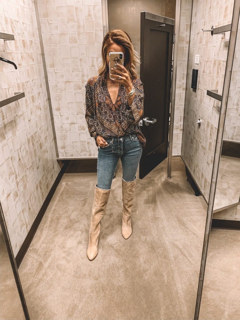 Karina Style Diaires wearing free people paisley tunic tall suede boots skinny jeans 