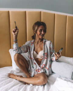 Karina Style Diaries wears Josie Natori pjamas floral shorts walcoal strapless red carpet bra