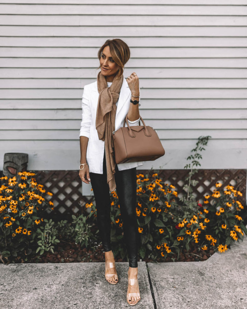 Karina Style Diaries wearing spanx faux leather leggings white blazer cashmere scarf clear vinyl heels givenchy antigona handbag
