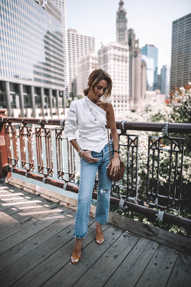 Karina Style Diaries in Chicago wearing white one shoulder zara top levi's ribcage jeans and yellow sandal heels