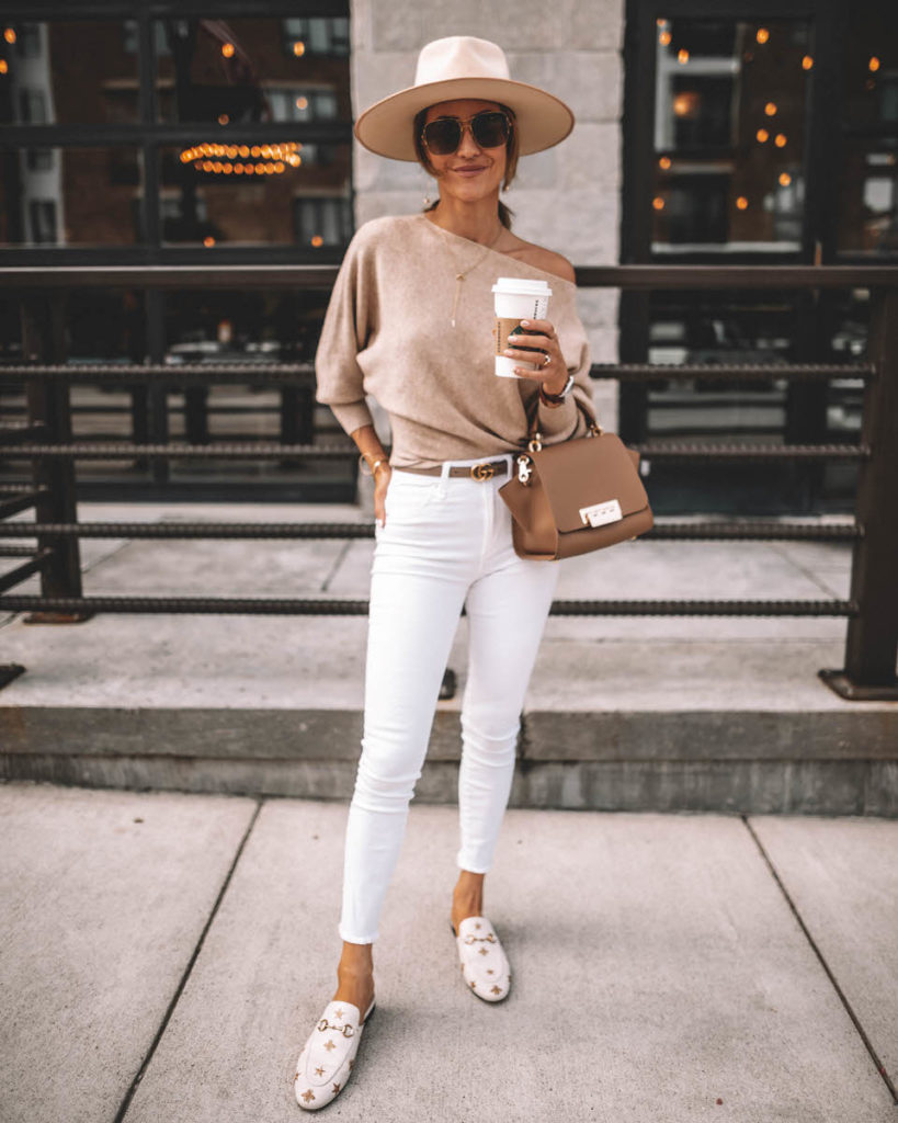 Karina Style Diaries wearing white skinny jeans chic outfit idea lack of color rancher hat suqre sunglasses zac posen eartha bag off the shoulder sweater gucci princetown bumble bee loafers