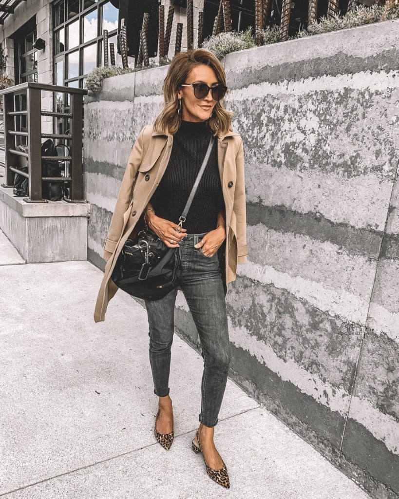 Karina Style Diaries wearing all black outfit tan trench coat chic street style look