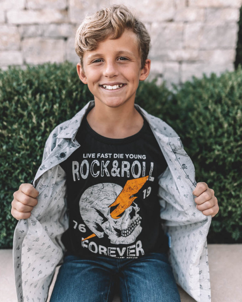 Back to school middle school boy outfi idea button up and rocker tee set
