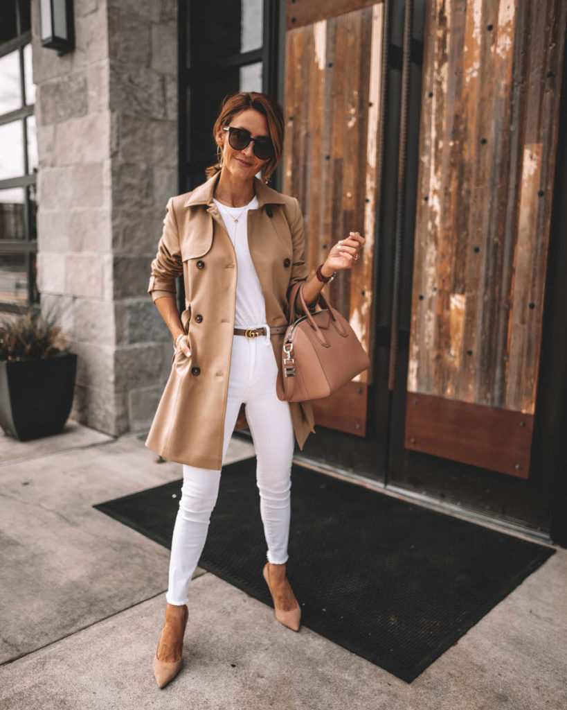 Karina Style Diaries wearing all white outfit tan ttrench coat nude pumps blush small givenchy antigona