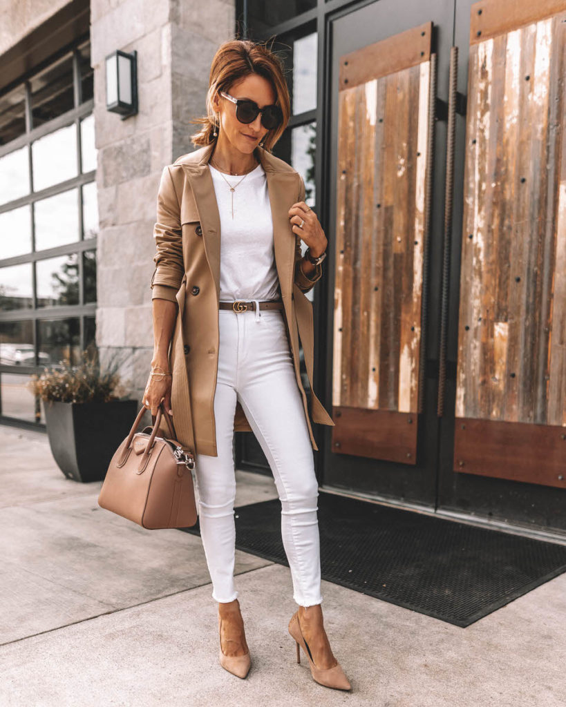 Karina Style Diaries wearing all white outfit tan ttrench coat nude pumps blush small givenchy antigona