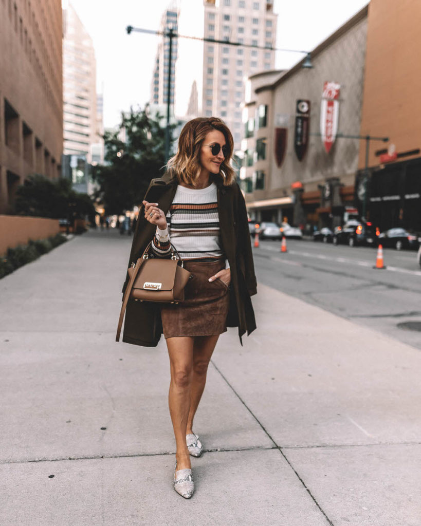 Karina Style Diaries fall outfit suede mini skirt stripped sweater snakeskin loafers olive green trench coat