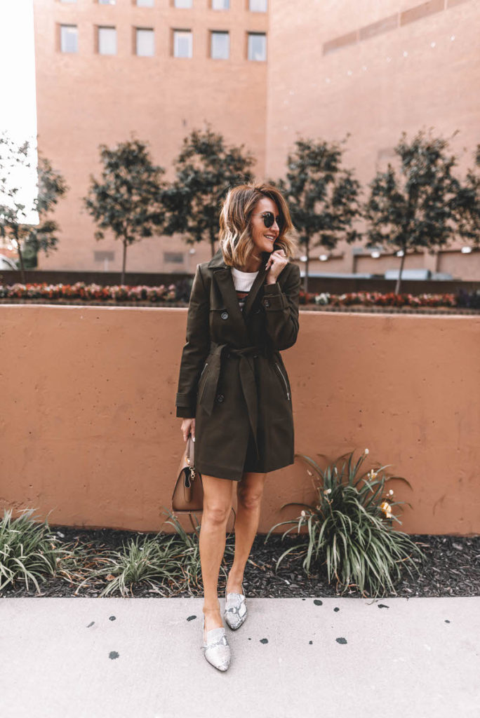 Karina Style Diaries fall outfit snakeskin loafers olive green trench coat