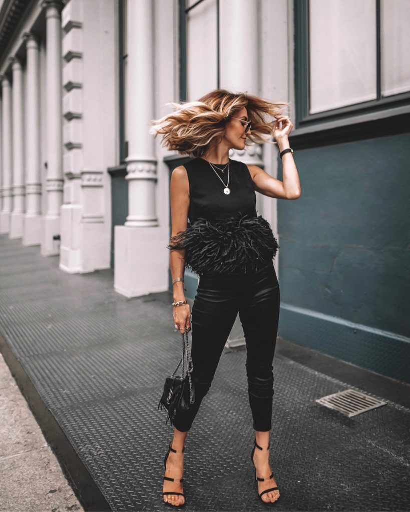 Karina Style Diaries wearing Farfetch feather top all black outfit coated high waist jeans Tamara Mellon Black heels YSL fringe bag NYFW outfit