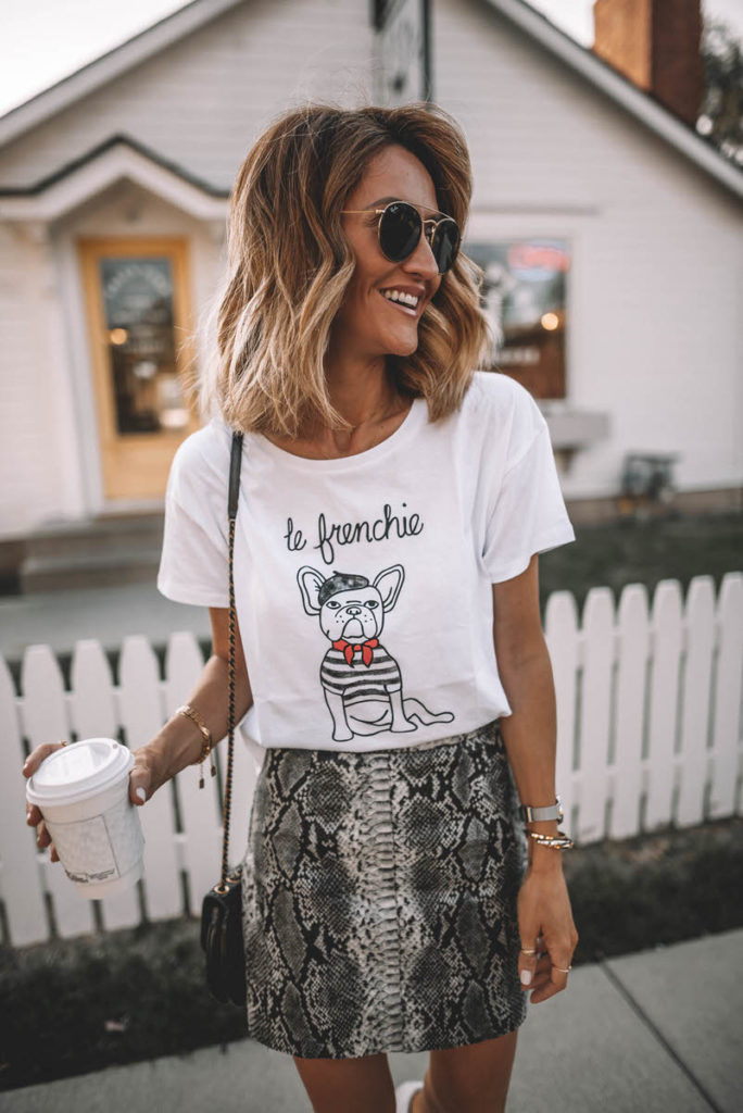 Karina Style Diaries wearing Le Frenchie tee snakeskin mini skirt white sneakers coffee shop look