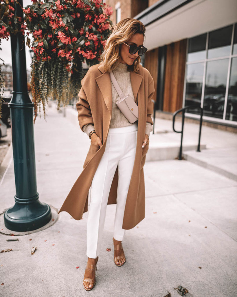 Karina Style Diaires wearing fine-knit beige sweater slacks clar heels oversized camel coat workwear outfit