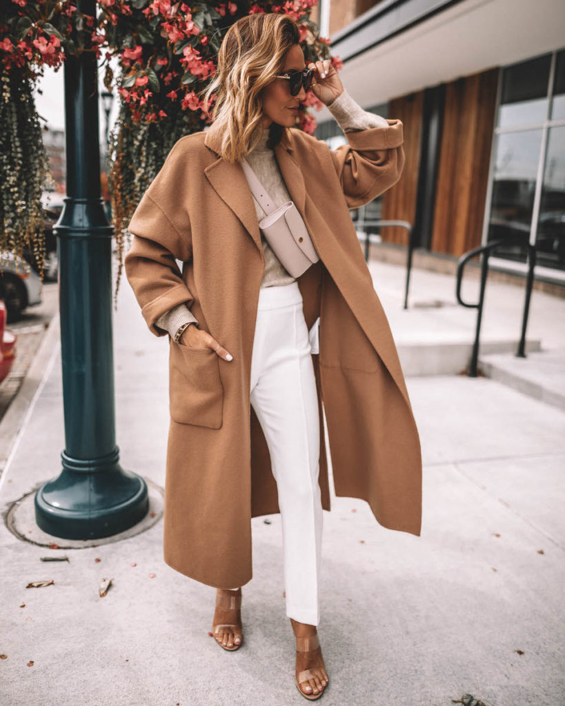 Karina Style Diaries wearing must-have fall coats fine-knit beige sweater slacks clar heels oversized camel coat workwear outfit