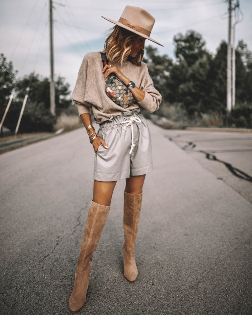 Karina Style Diaires wearing fine-knit beige oatmeal sweater high waist paper bag foil shorts over the knee suede boots gucci belt bag lack of colors ivory rancher hat