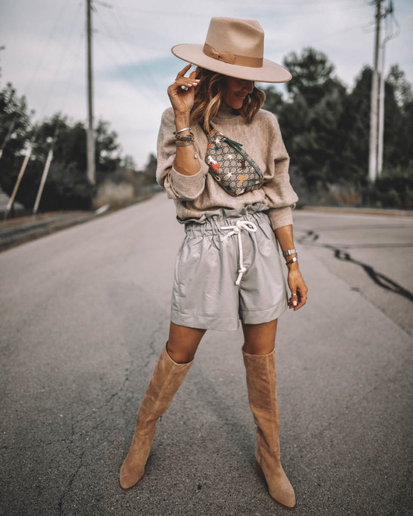 Karina Style Diaires wearing fine-knit beige oatmeal sweater high waist paper bag foil shorts over the knee suede boots gucci belt bag lack of colors ivory rancher hat