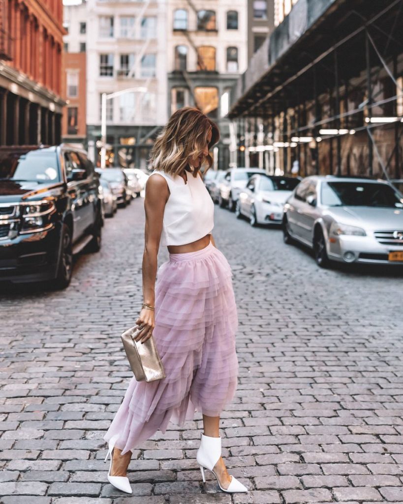 Karina Style Diaries Tule skirt cropped top white pumps NYFW Carrie Bradshaw inspired outfit
