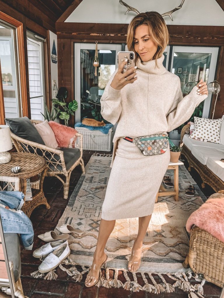 Karina Style Diaries wearing turtleneck cream sweater skirt set gucci belt bag outfit