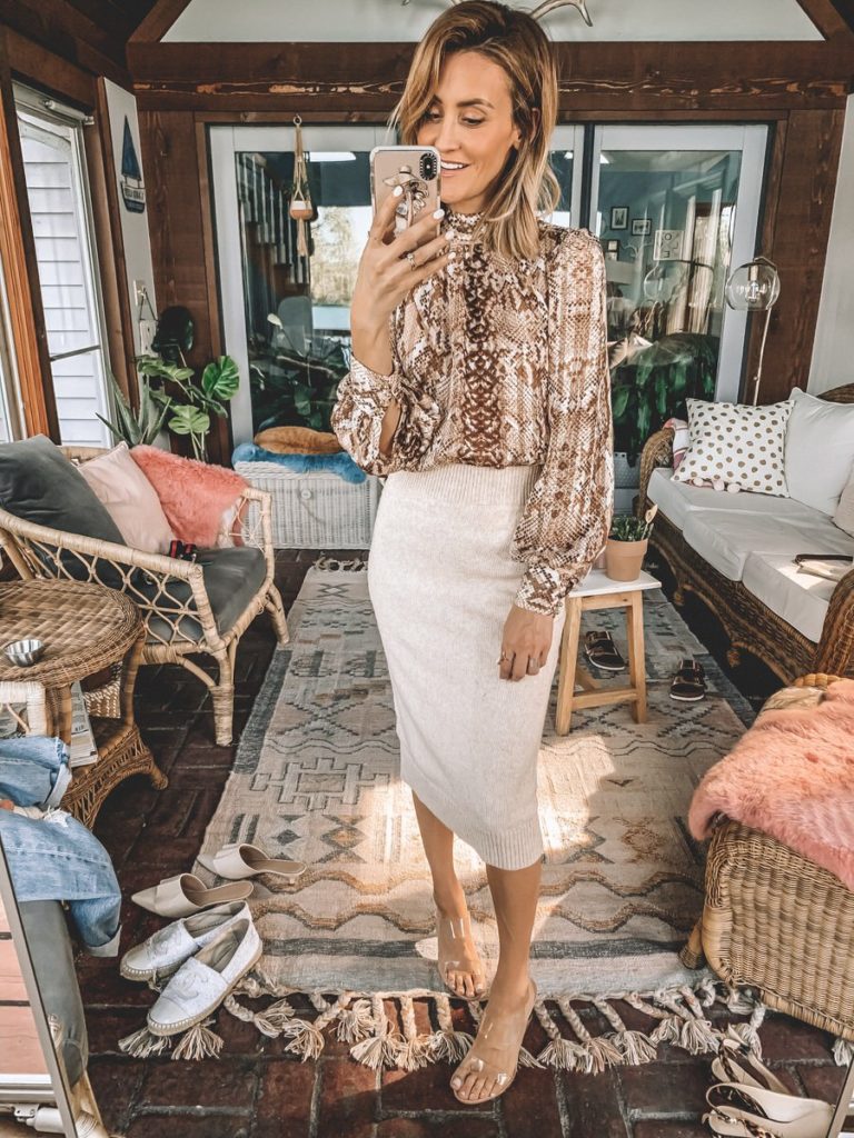 Karina Style Diaries wearing knit skirt snake skin print silk feminine blouse vynil heels
