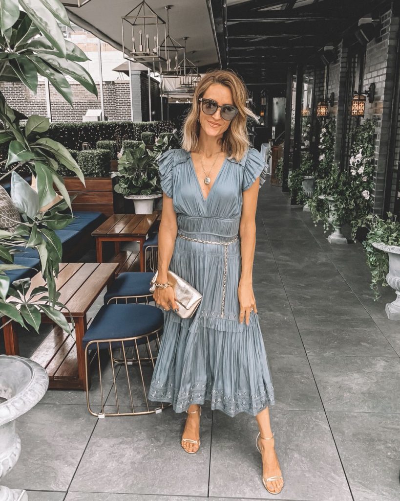 Karina Style Diaries wearing Ulla Johnson Claudia Dress gold clutch and gold strappy heels