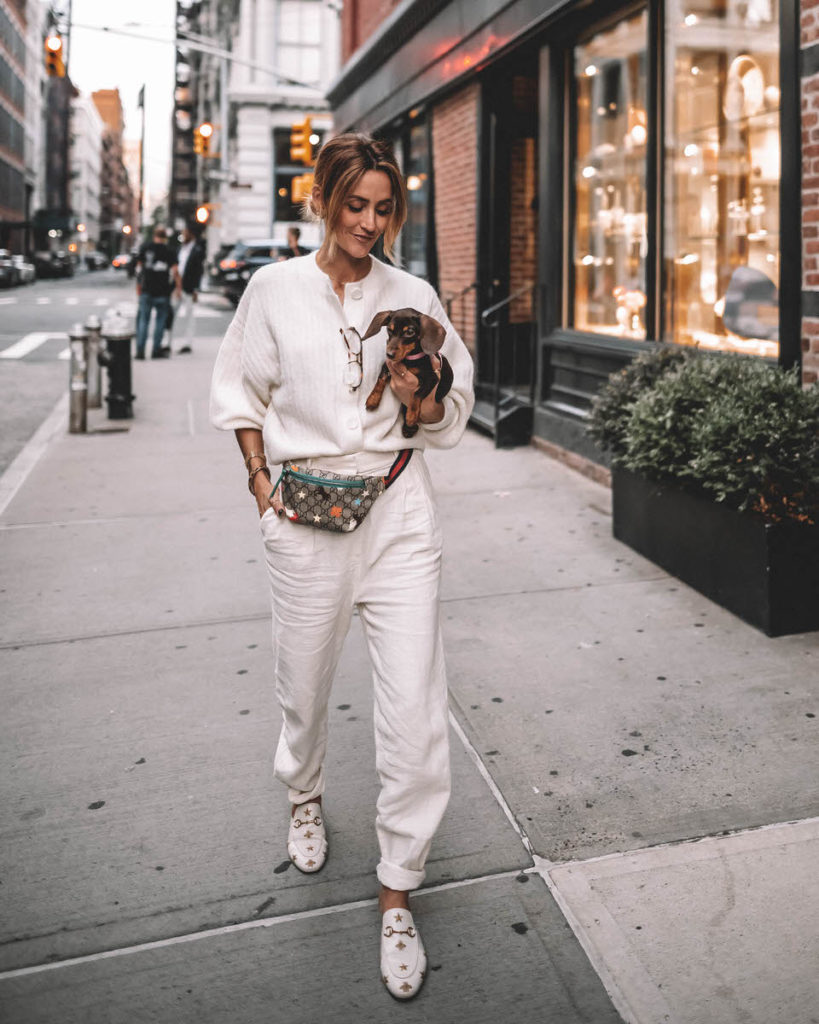 Karina Style Diaries wearing cream monochromatic outfit high waist linen pants oversized sweater and tee gucci belt bag gucci princetown bumble bee loafers