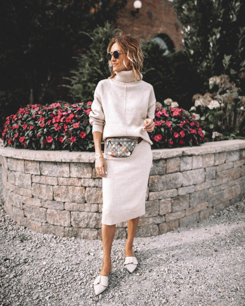 Karina Style Diaries wearing cream skirt sweater set Gucci belt bag sporty casual sweater look