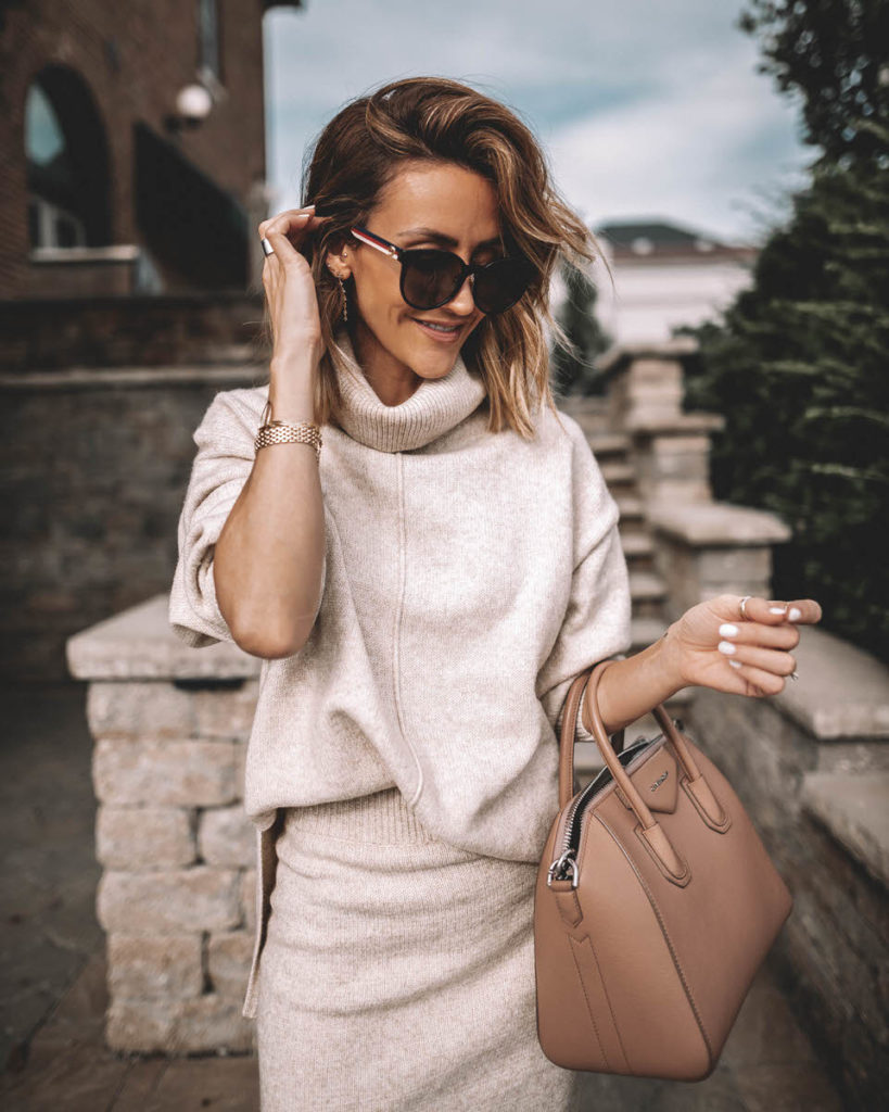 Karina Style Diaries wearing cream skirt sweater set givenchy antigona small old pink nude pumps workwear outfit
