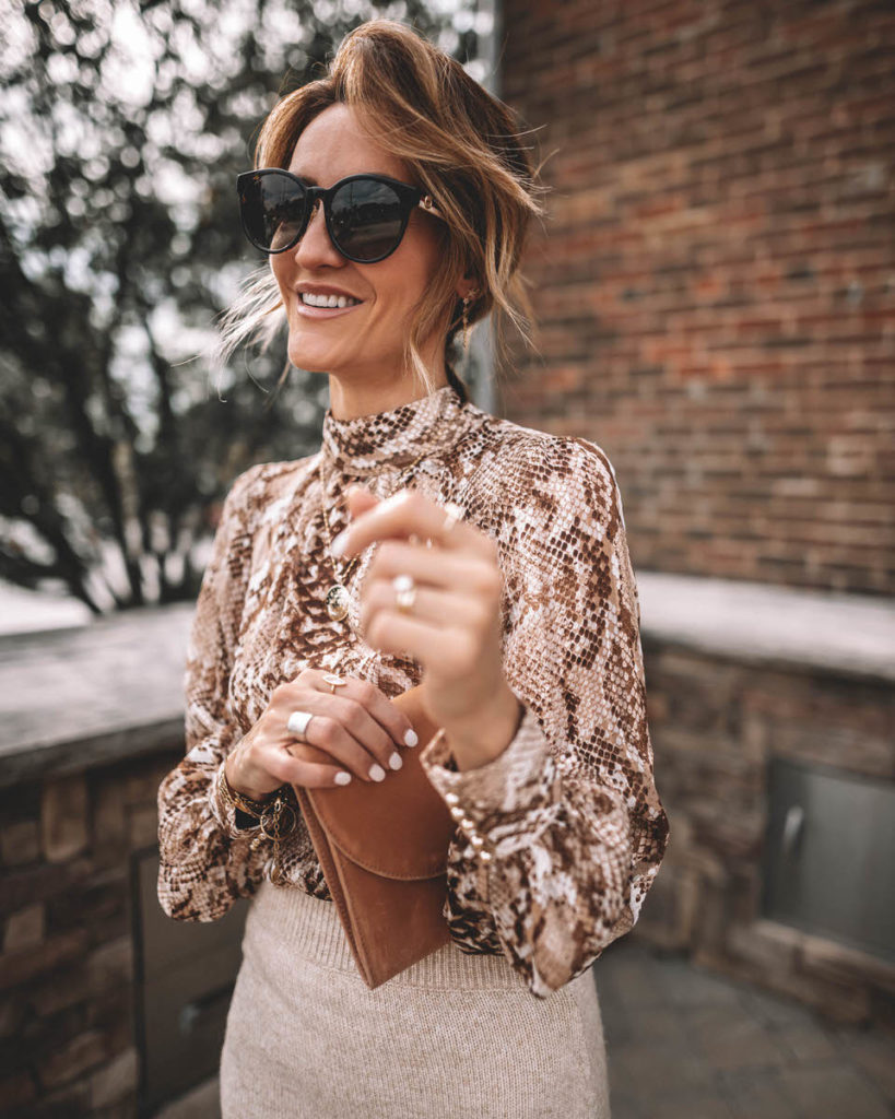 Karina Style Diaries wearing snakeskin silk blouse sweater skirt sunnie leather clutch workwear outfit