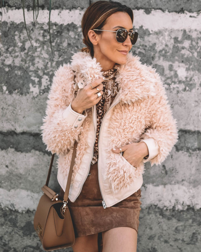 Karina Style Diaries Teddy bear jacket suede mini skirt zac posen camel handbag work outfit