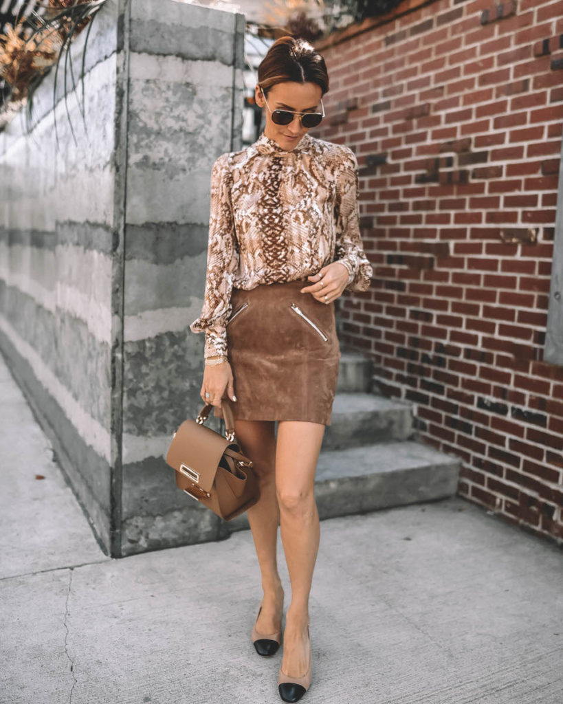 Karina Style Diaries Snakeskin print blouse suede mini skirt Chanel slingback beige and black dupe work outfit