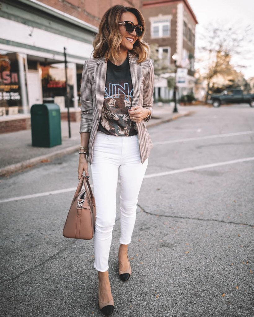 Fall Style plaid Blazer Anine Bing graphic tee white skinny jeans slingback cap toe shoes Givenchy Antigona small