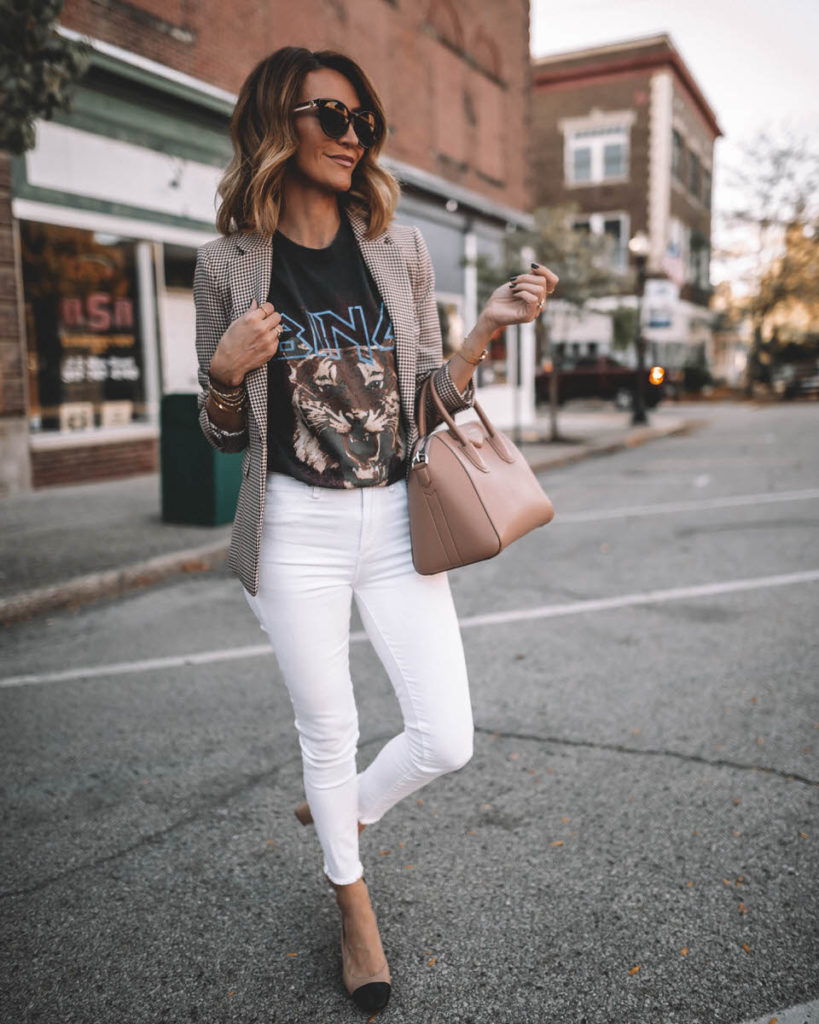 Fall Style plaid Blazer Anine Bing graphic tee white skinny jeans slingback cap toe shoes Givenchy Antigona small
