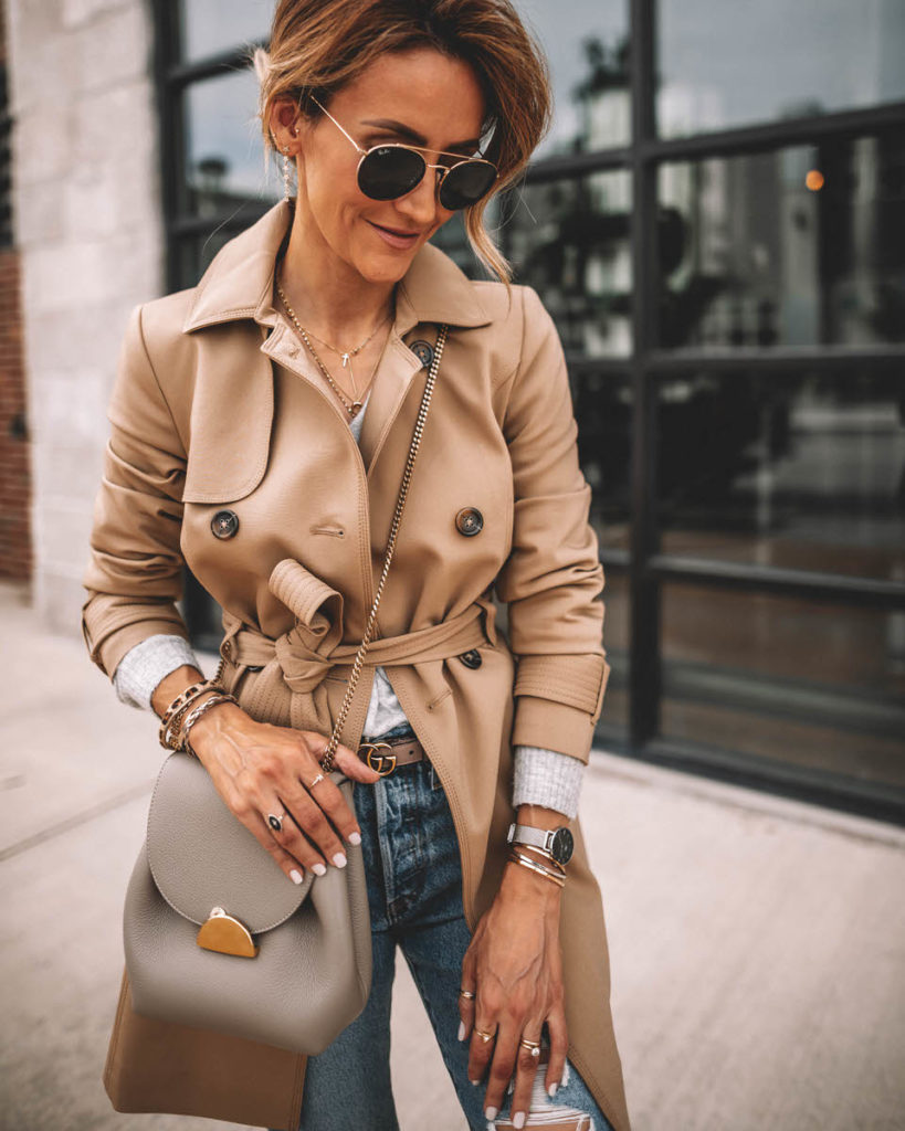 Karina Style Diaries wearing Levi's 501 camel trench coat Gucci belt Polene Numero Un mini grey outfit