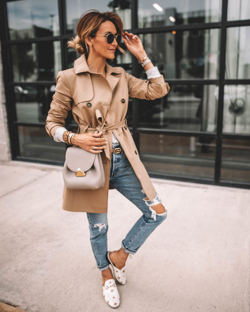 Karina Style Diaries wearing Levi's 501 camel trench coat Gucci princetown loafers Polene Numero Un mini grey outfit