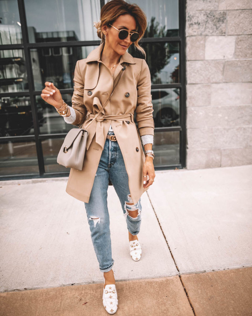 Karina Style Diaries wearing Levi's 501 camel trench coat Gucci princetown loafers Polene Numero Un mini grey outfit 