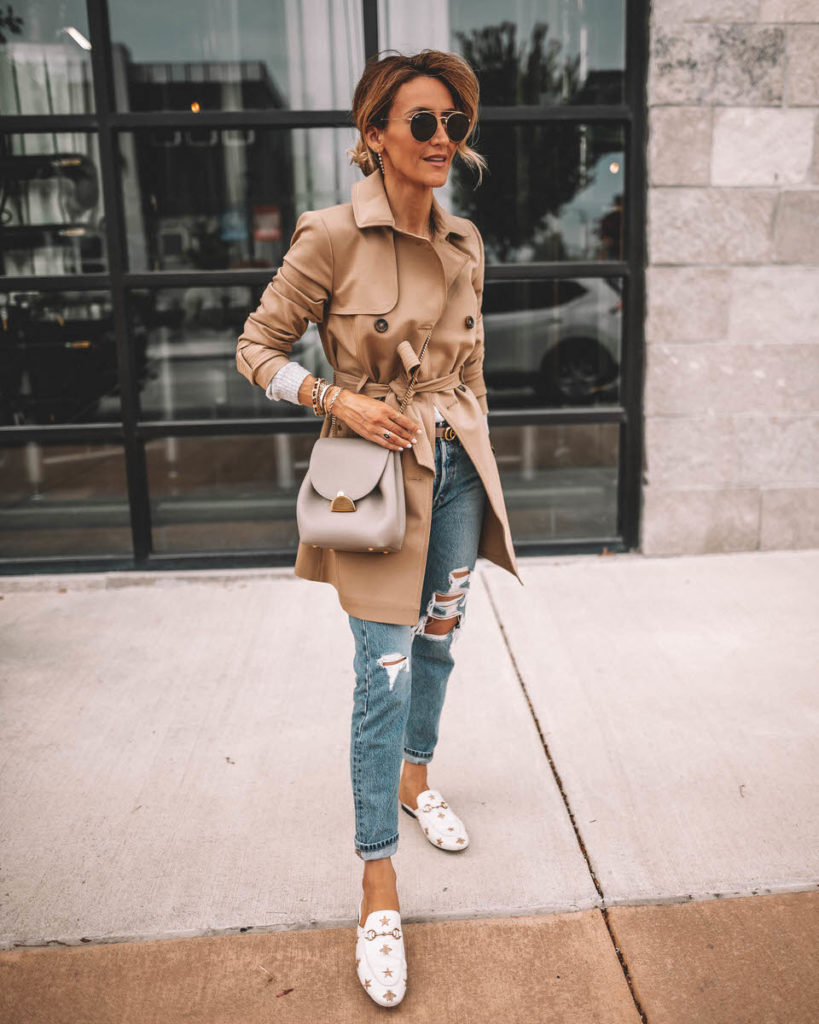 Karina Style Diaries wearing Levi's 501 camel trench coat Gucci princetown loafers Polene Numero Un mini grey outfit