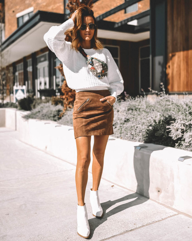 White sweater mini suede skirt fall style
