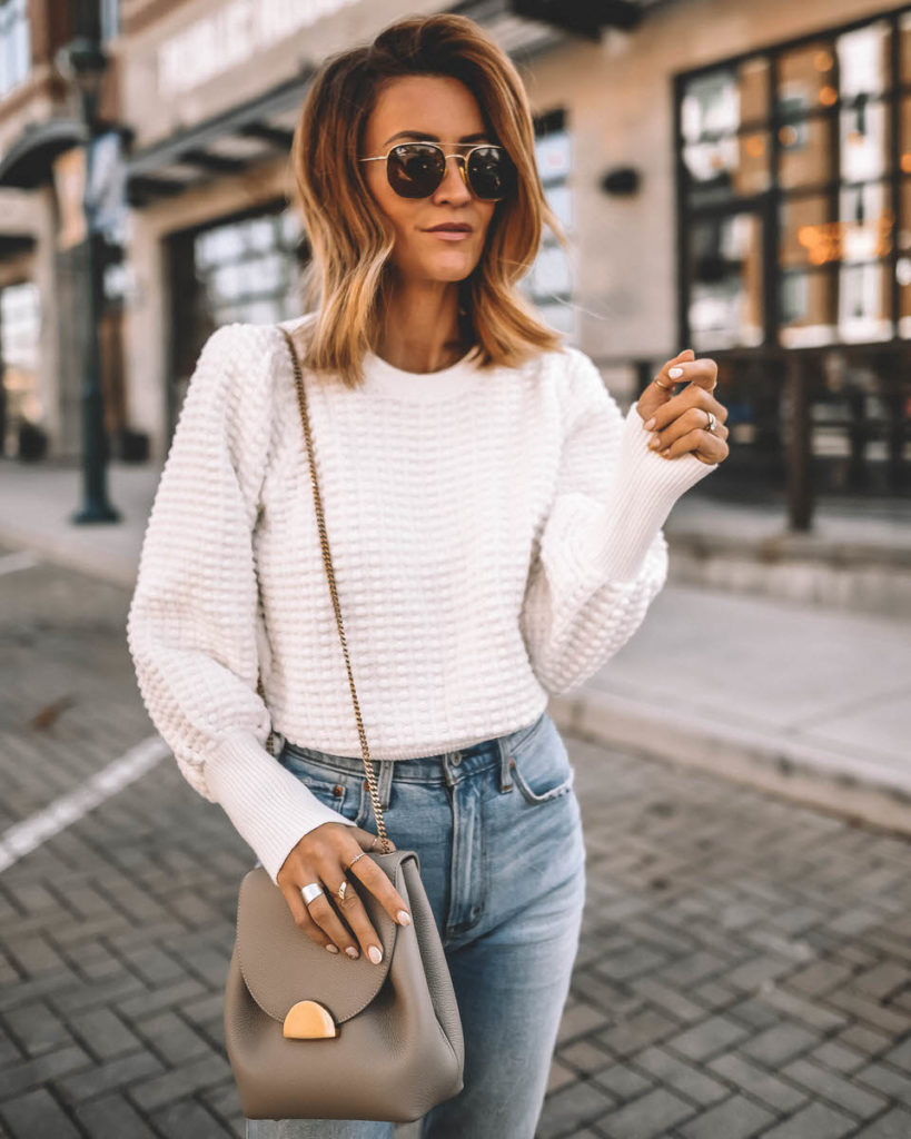 Karina Style Diaries wearing white french connection textured sweater outfit