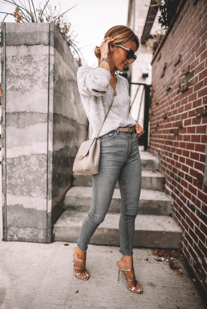 Karina Style Diaires wearing Silver Strappy heels Polene numero un mini chain bag grey outfit grey sweater grey skinny jeans Gucci hangbag