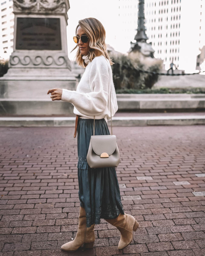 Style Blogger Karina Reske wearing midi Ulla Johnson dress under white slouchy turtleneck sweater suede tall boots