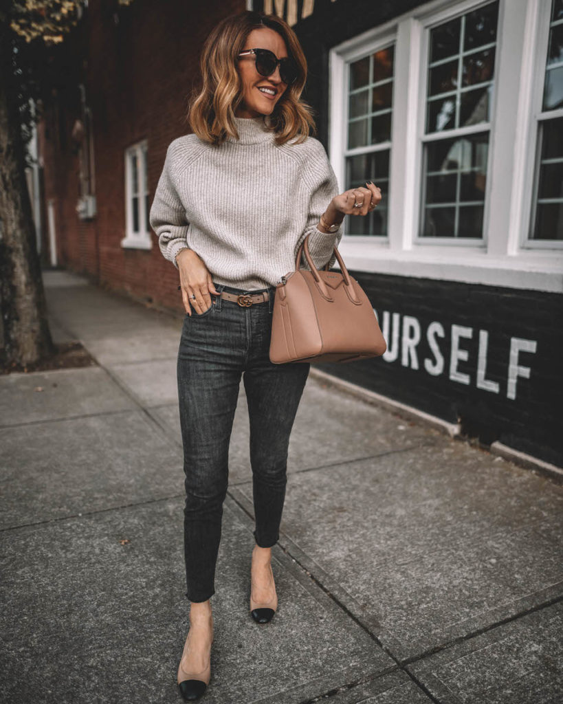Karina Style Diaires wearing two tone slingbacks Levi's wedgie black sweater outfit fall style  