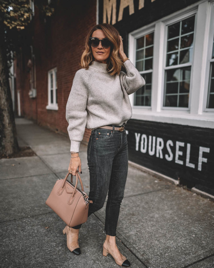 Karina Style Diaires wearing two tone slingbacks Levi's wedgie black sweater outfit fall style