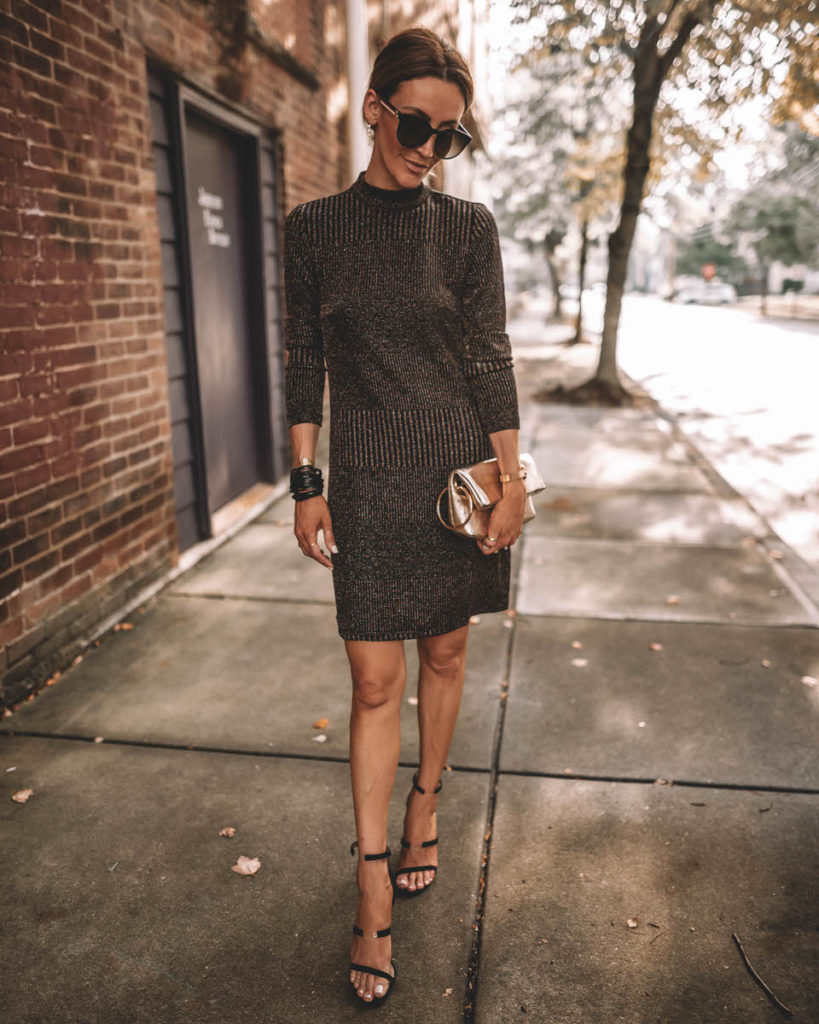 Fashion Blogger Karina Reske wearing mini mock neck sparkle dress Tamara Mellon black sandals gold clutch