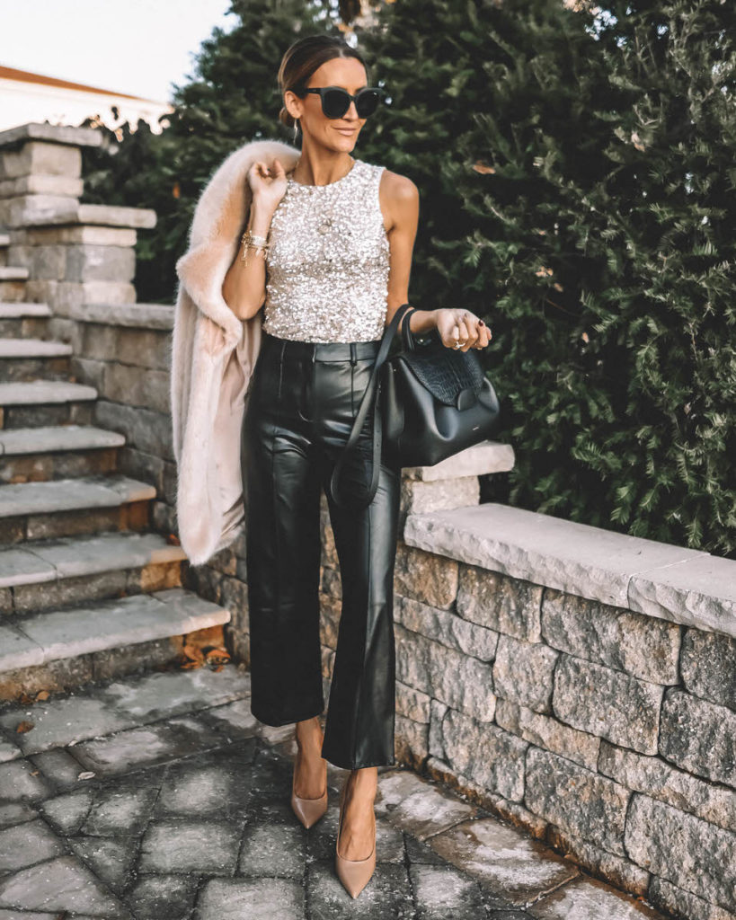 Style Blogger Karia Reske wearing vegan leather crop pant sequin sleeveless top faux fur jacket Holiday Look