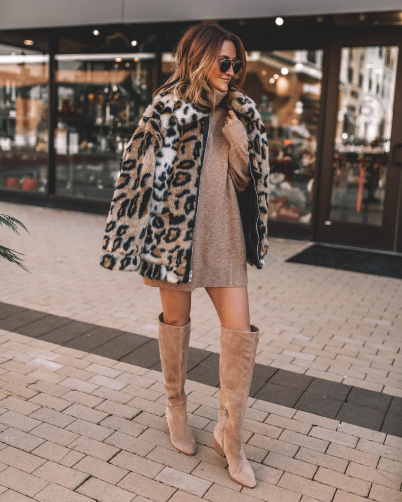 Karina Style Diaries wearing Sweater dress tall suede boots faux fur animal print coat winter outfit