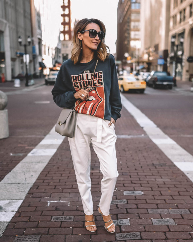 Karina Style Diaries wearing Rolling Stones sweatshirt high waist trousers strappy heeled sandals Polene Numero Un Mini grey outfit 