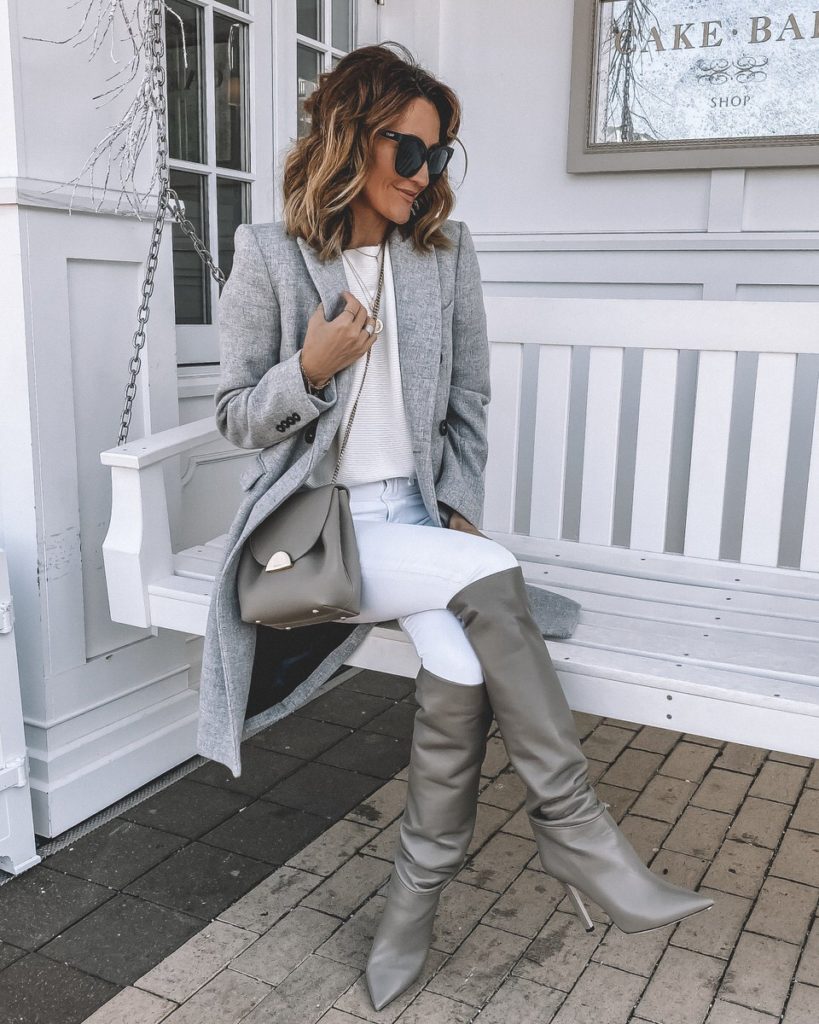Karina Style Diaries wearing white and grey outfit Tamara Mellon slouchy boot