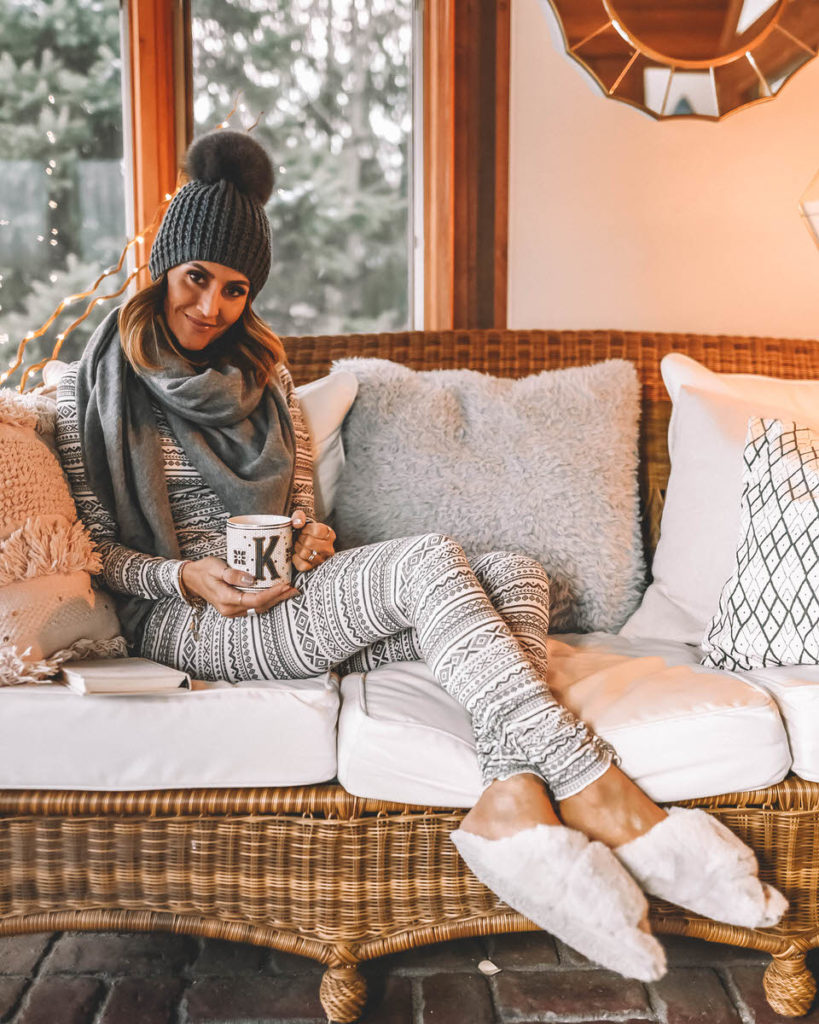 Lifestyle Blogger Karina Reske wearing cozy pj's fuzzy slippers cashmere oversized scarf pom pom beanie beanie outfit