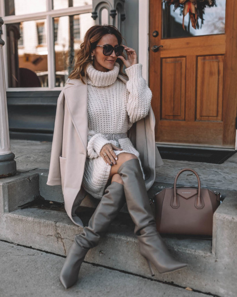Karina Style Diaries wearing Tamara Mellon Icon knee high boot in grey sweater dress outfit